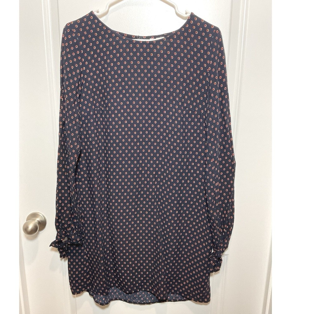 H&M Womens 10 Navy Geometric Diamond Print Shift Dress Long Sleeve Tie Cuff Work